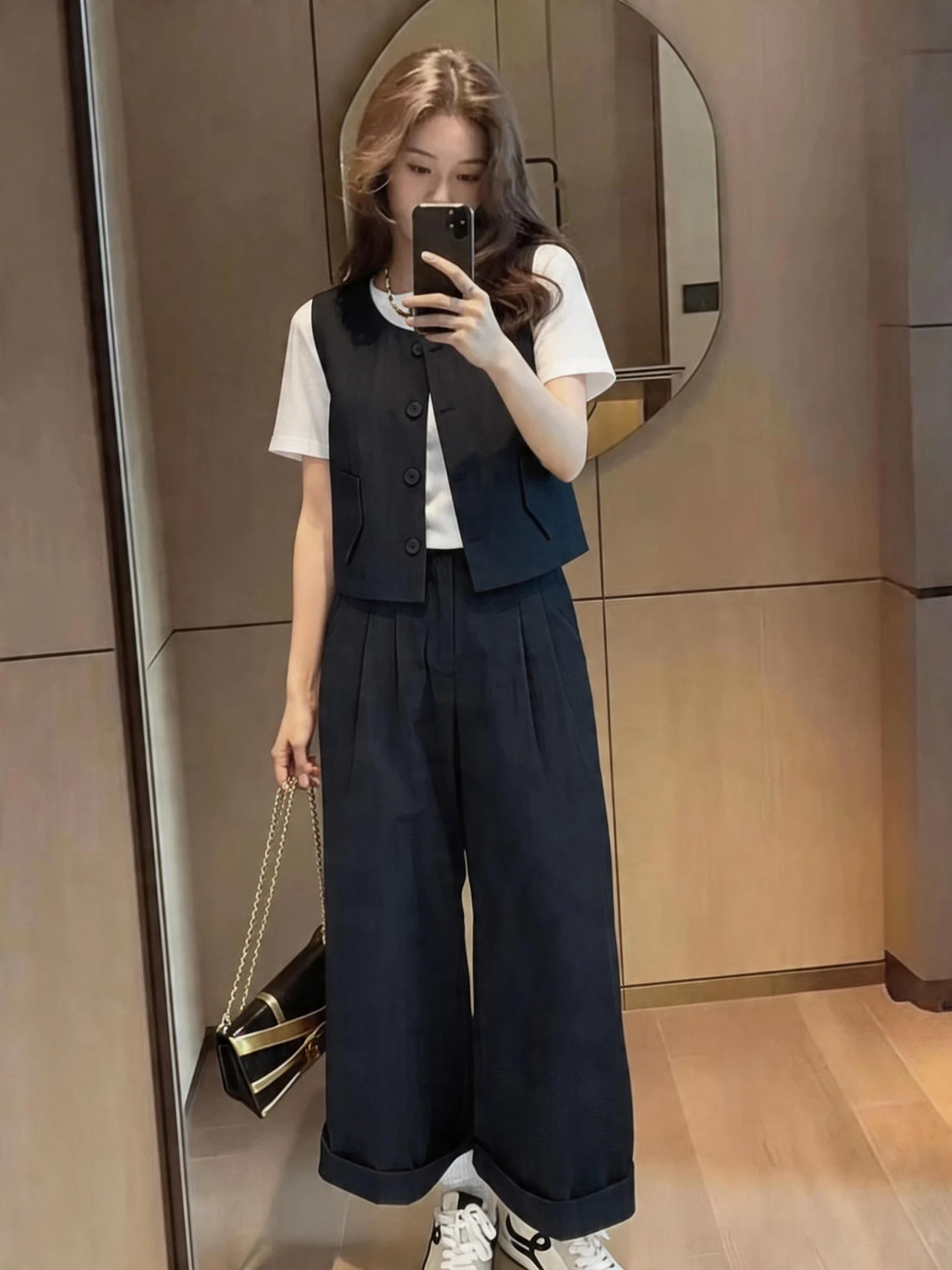 

Summer 2026 Women's Forest System Style Short Sleeve T-Shirt Wide Leg Pants Vest Three-Piece Set Casual Loose Fit High Waist