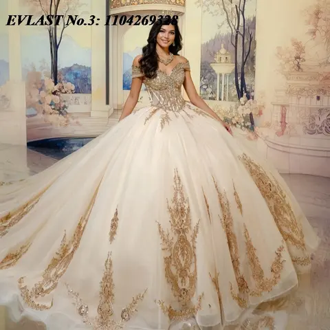 EVLAST Anpassad Champagnefärgad Quinceanera Klänning Balklänning Guld Spets Applikation Pärlor Korsett Sweet 16 Vestidos De 15 Anos E3Q827 8 best sales champagnefärgade quinceanera-klänningar - №7