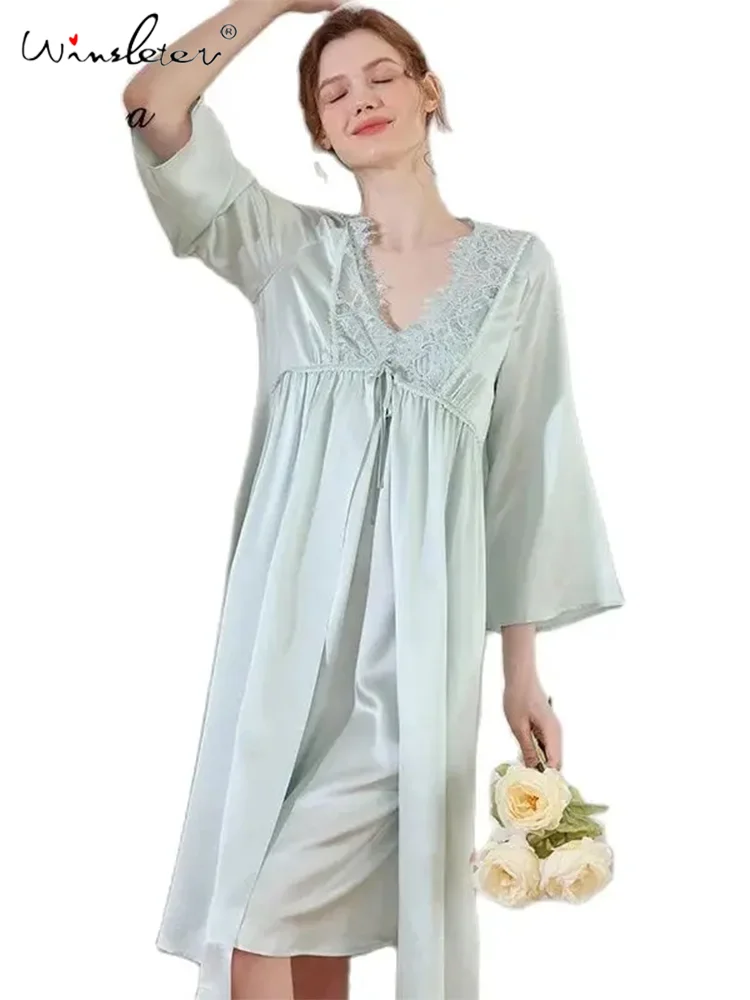 Women Silky Lace Embroidery,19MM 100%Real Silk Nightgown Set,Elegant Sexy Pajama Night-robe,2024 Spring Summer New,S419106QM