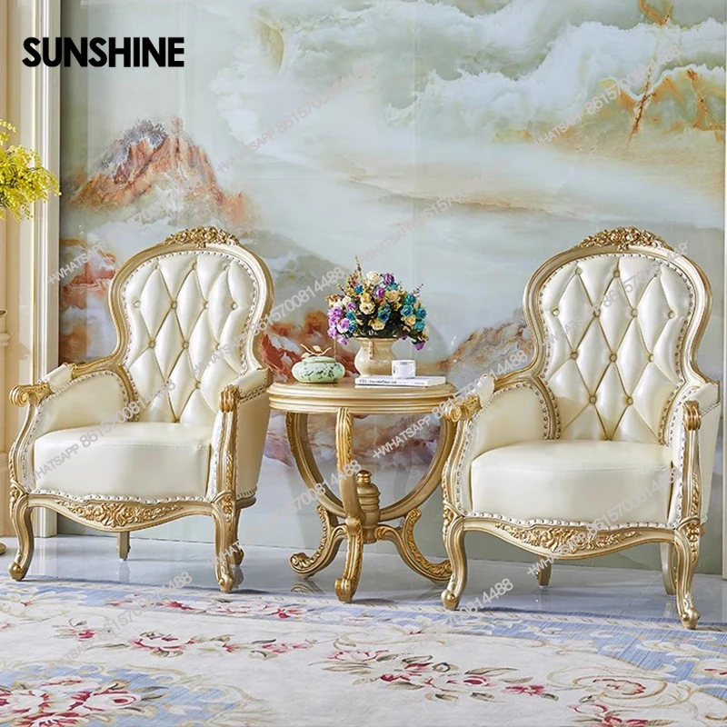 

European leather chair solid wood leisure bedroom single sofa chair study armchair high back chaise salon home furniture