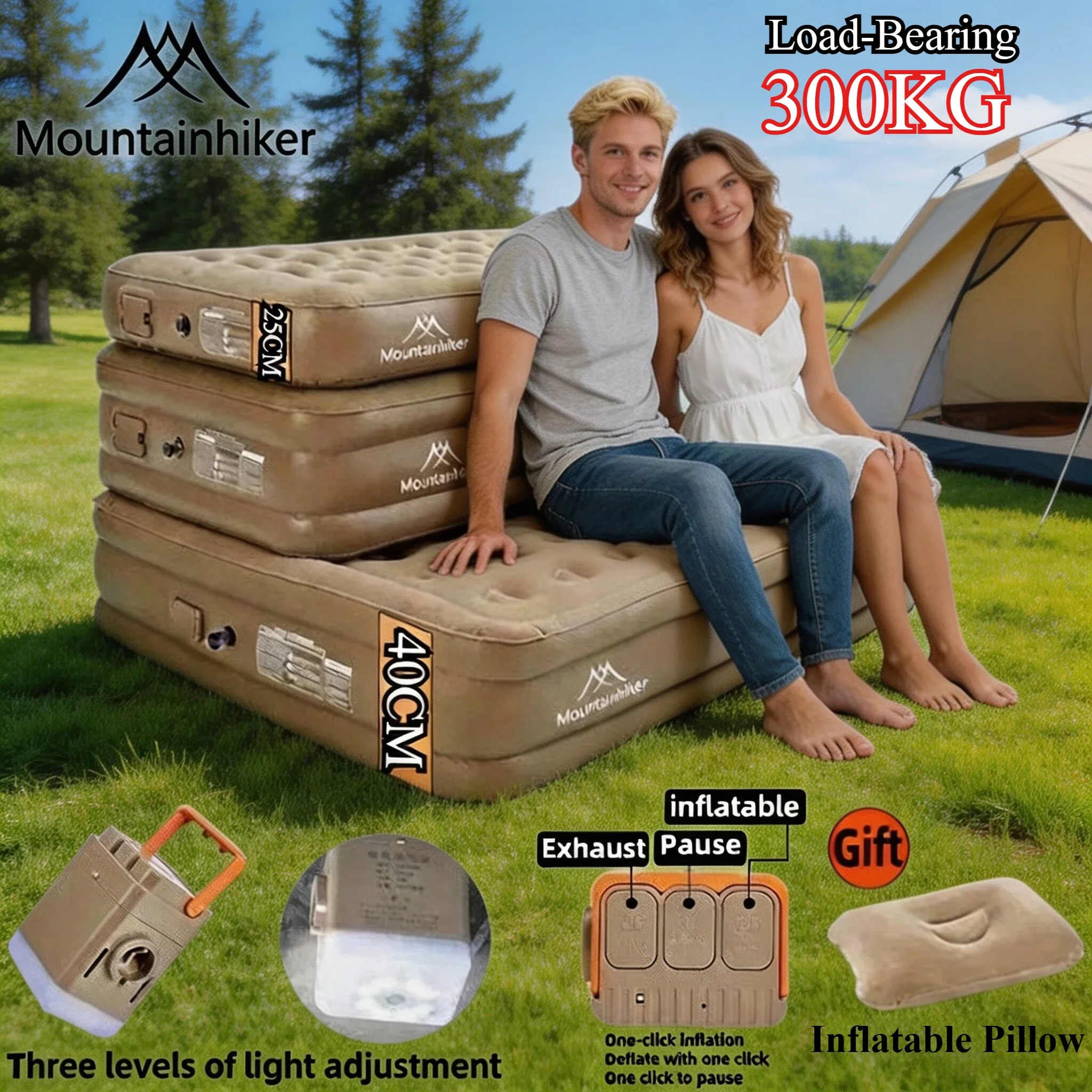 MOUNTAINHIKER Inflatable Bed 1/3 Person Interior Air Mattress Glamping Mats PVC Sleeping Mattress Camping Bed Mat Built-in Pump
