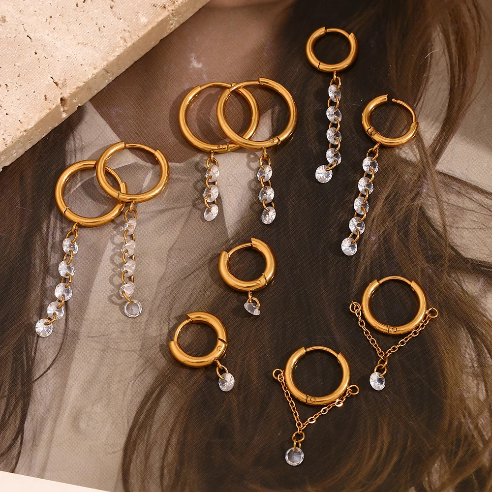 E.B.belle 18K Gold Plated Clear Pendant Multi Sizes Circle Hoop Earrings Stainless Steel Hypoallergenic Party Women Jewelry