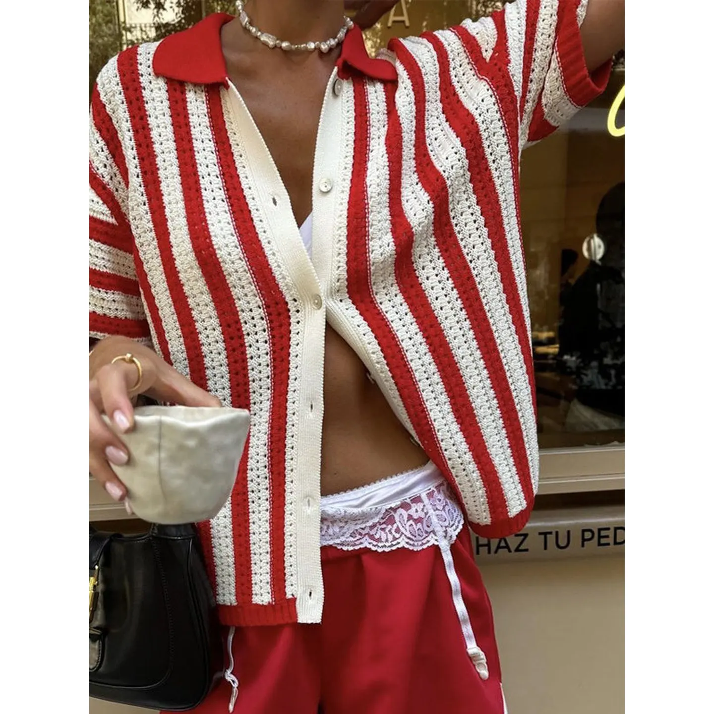 

Spring Summer Plaid Knit Cardigan Shirt Color Block Design Turn-down Collar Women's Fashion Top Easy Care Other Material 100%