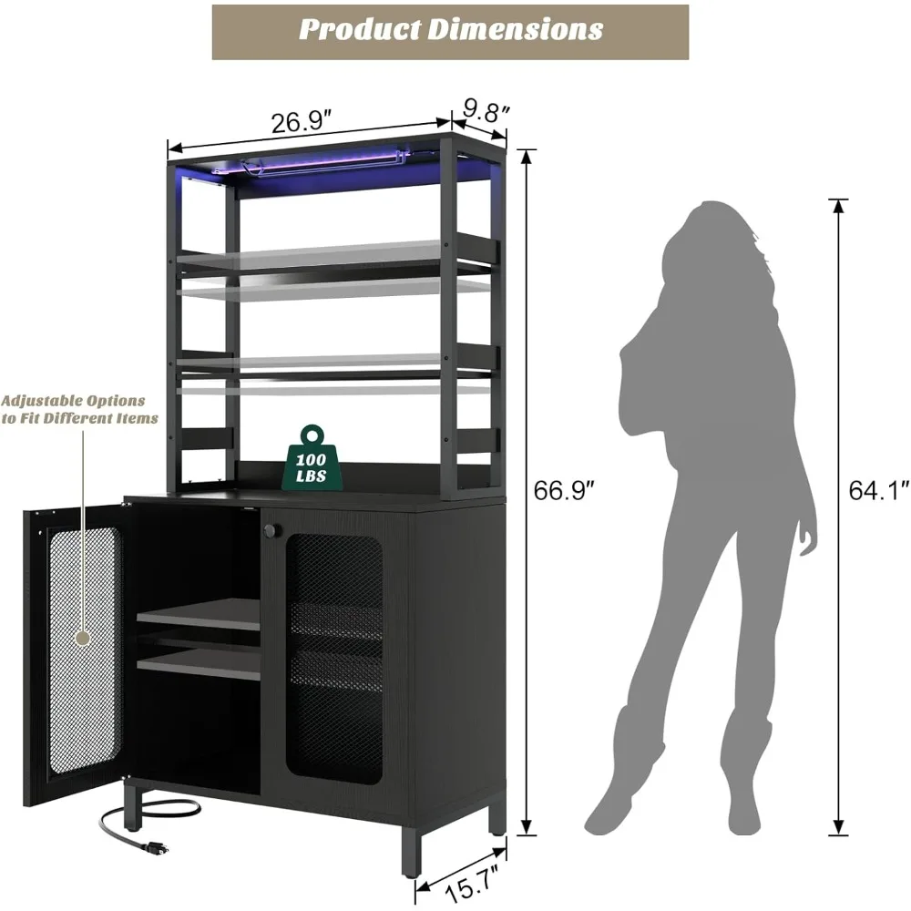 Kabinet Bar dengan Stopkontak, Kabinet Minuman Keras Kabinet Bar Anggur Tinggi 67" dengan Lampu LED dan Tempat Kaca