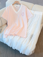 150Kg Plus Size Women's Bust 154 Summer Lace V-Neck Short Sleeved T-Shirt High Waist Skirt Set 5XL 6XL 7XL 8XL 9XL