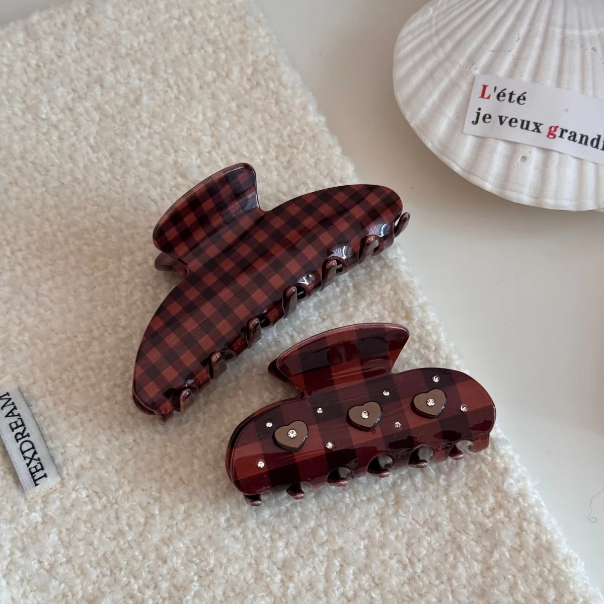 Hair Claw Clip Heart Plaid Fabric Brown Strong Hold Non Slip Soft Women Hair Accessory Durable for Daily Home Office Travel