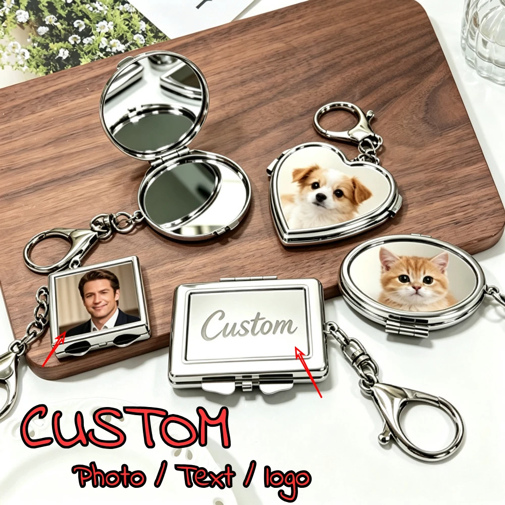 Großhandel Benutzerdefiniertes Logo Name Metall-Spiegel Schlüsselanhänger Tragbare Make-up-Fototasche Personalisierung Herz Quadrat Charm Geschenk – Detail 1