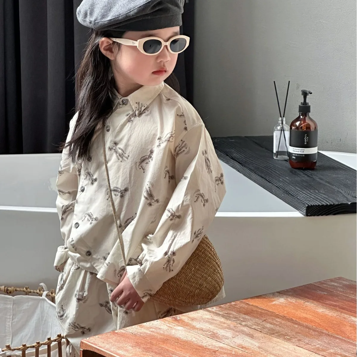 

3-7 Year Old Beige Cartoon Animal Print Shirt+Pants 2-piece Set Autumn Long Sleeved Lapel Top Spring Casual Girls Clothes