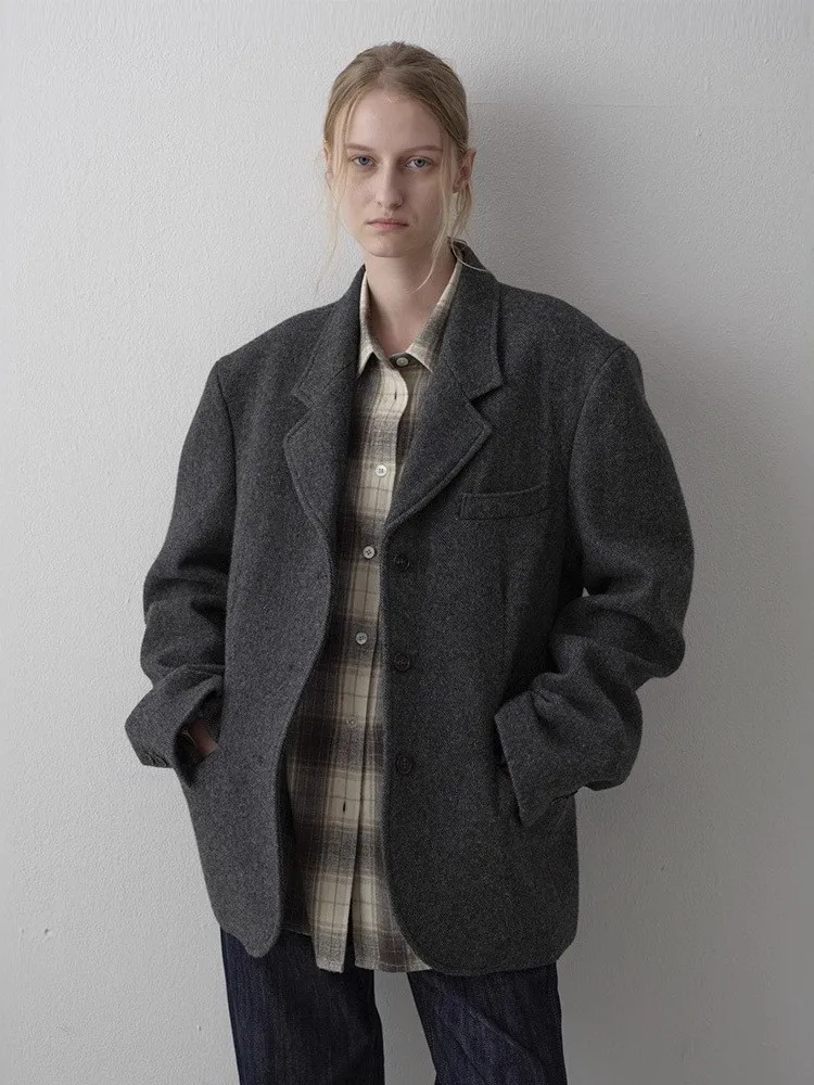 여성용 울 수트 재킷 칼라드 아우터웨어 가을 겨울 신상 3D 원숭이 디자인 출퇴근용 따뜻한 롱 코트