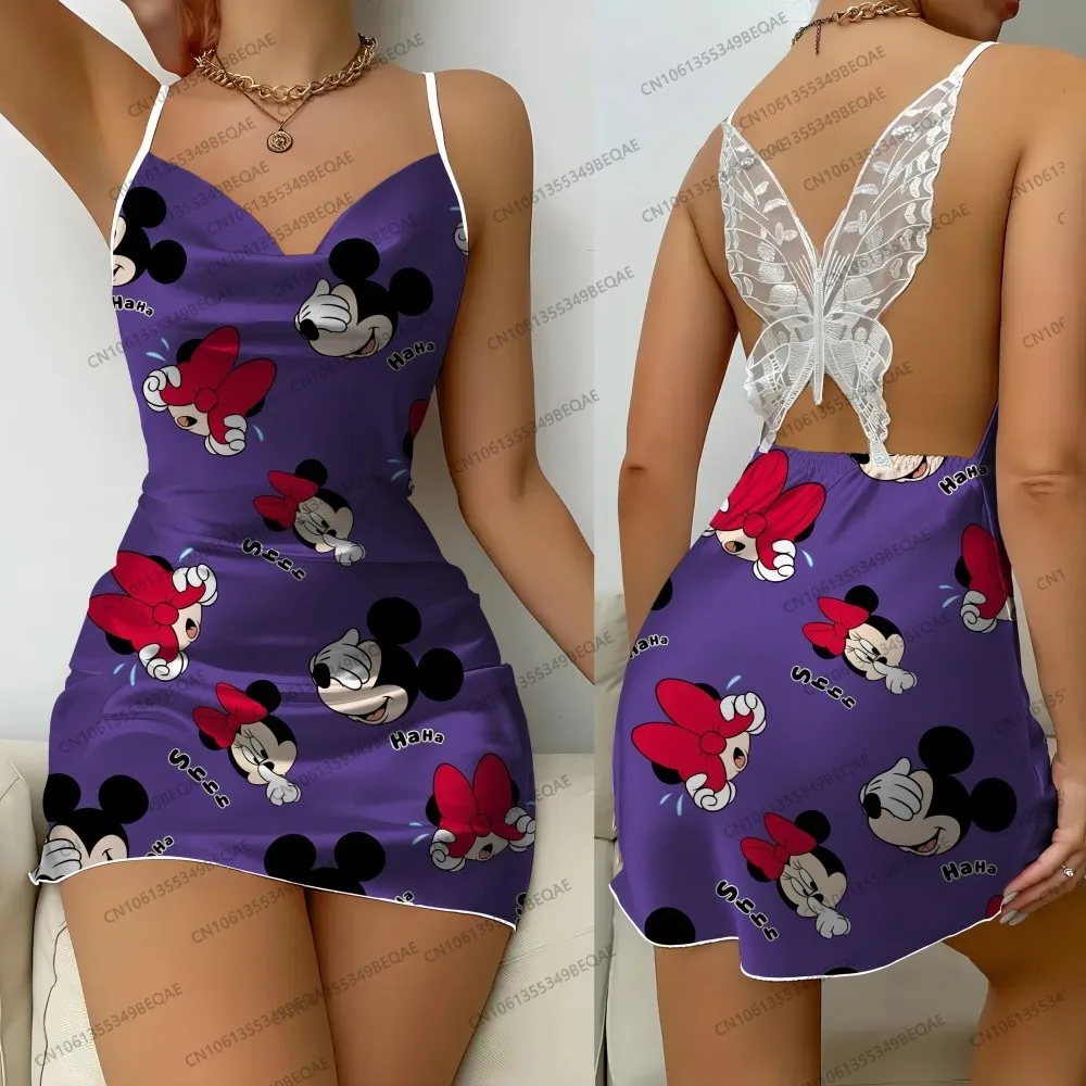 

Disney Print Fashion Summer Suspender Short Skirt for Women Sexy Backless Pajama Dress Satin Surface Elegant Lace Nightwear