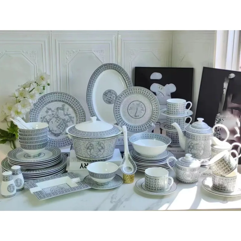 Wholesale Luxury Western Ceramic Bone China Dinnerware Set Grey Royal Mosaic Tableware for Kitchen Utensils Home Melamine Set
