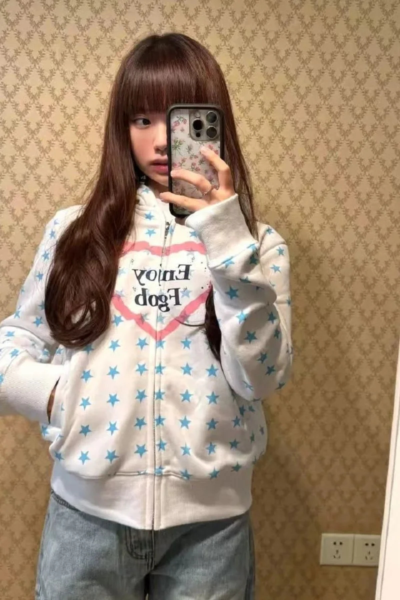 

Korea Design Full Seals Stars Fun Love Hooded Sweatshirt Cardigan Women Spring Autumn Slim Fashionable Versatile Jacket