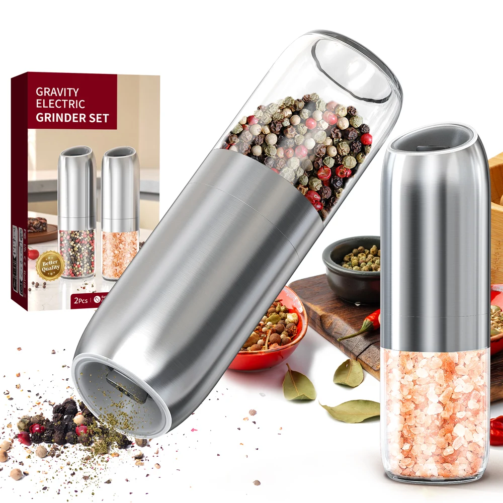 

New Upgraded Larger Capacity Electric Salt and Pepper Grinder Set 176ml Stainless Steels Automatic Pepper Mill with LED light