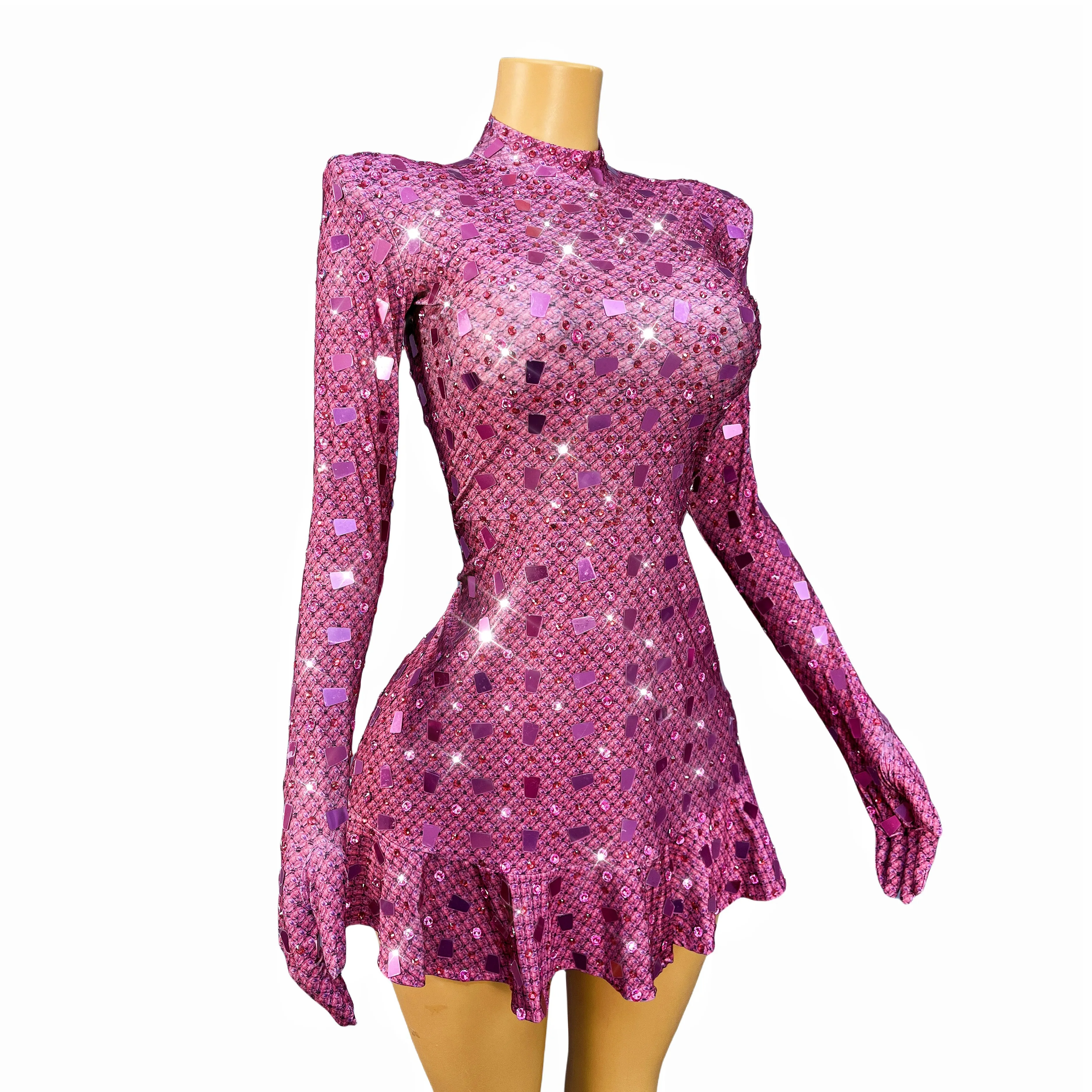 

Rose Rhinestones Pattern Long Sleeves Gloves Mirrors Evening Dress Birthday Sexy Shining Dresses Performance hongtaosu
