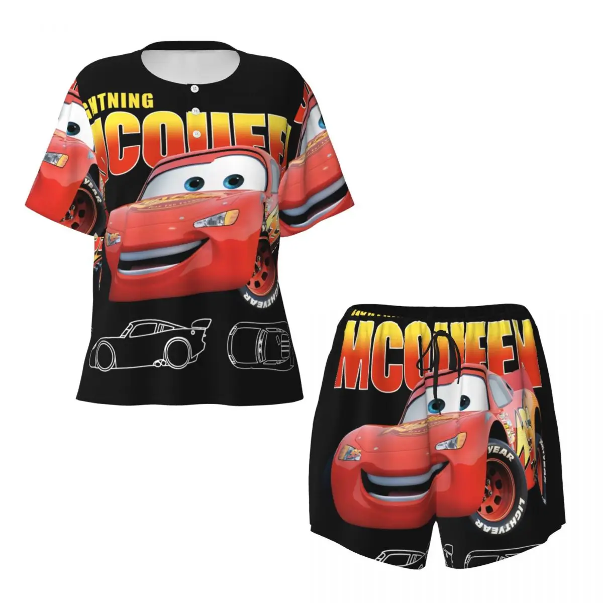 Custom Lightning Mcqueen Cars Pajamas Set Women\'s 2-Piece Short Sleeve Sleepwear Loungewear PJ Shorts Sets