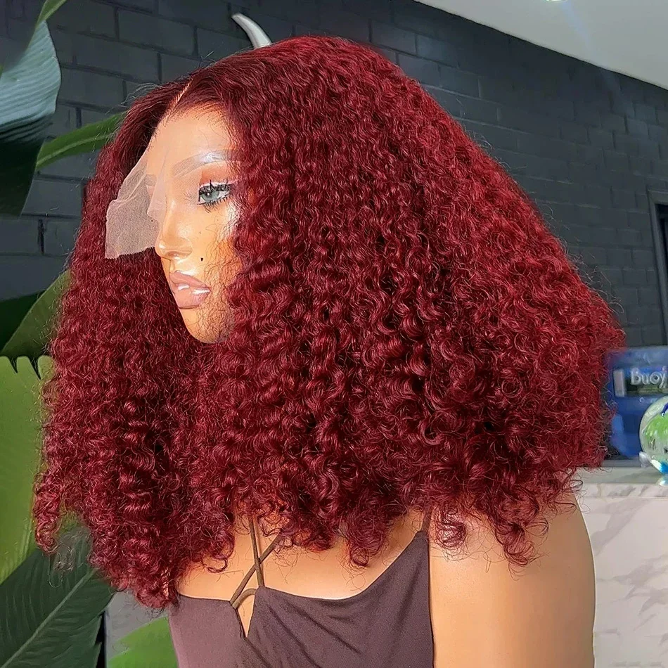 

Soft 99j Short Bob Burgundy Kinky Curly 180Density Wine Red Lace Front Wig For Black Women Babyhair Preplucked Glueless Daily