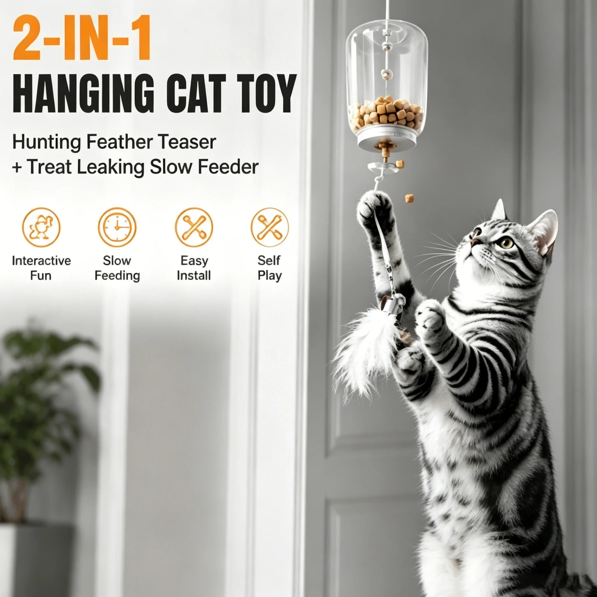Juguete 2 en 1 para Gatos: Colgante de Puerta con Dispensador de Comida y Varita Interactiva, Comedero Lento, Juguete de Caza y Entretenimiento para Gatos de Interior