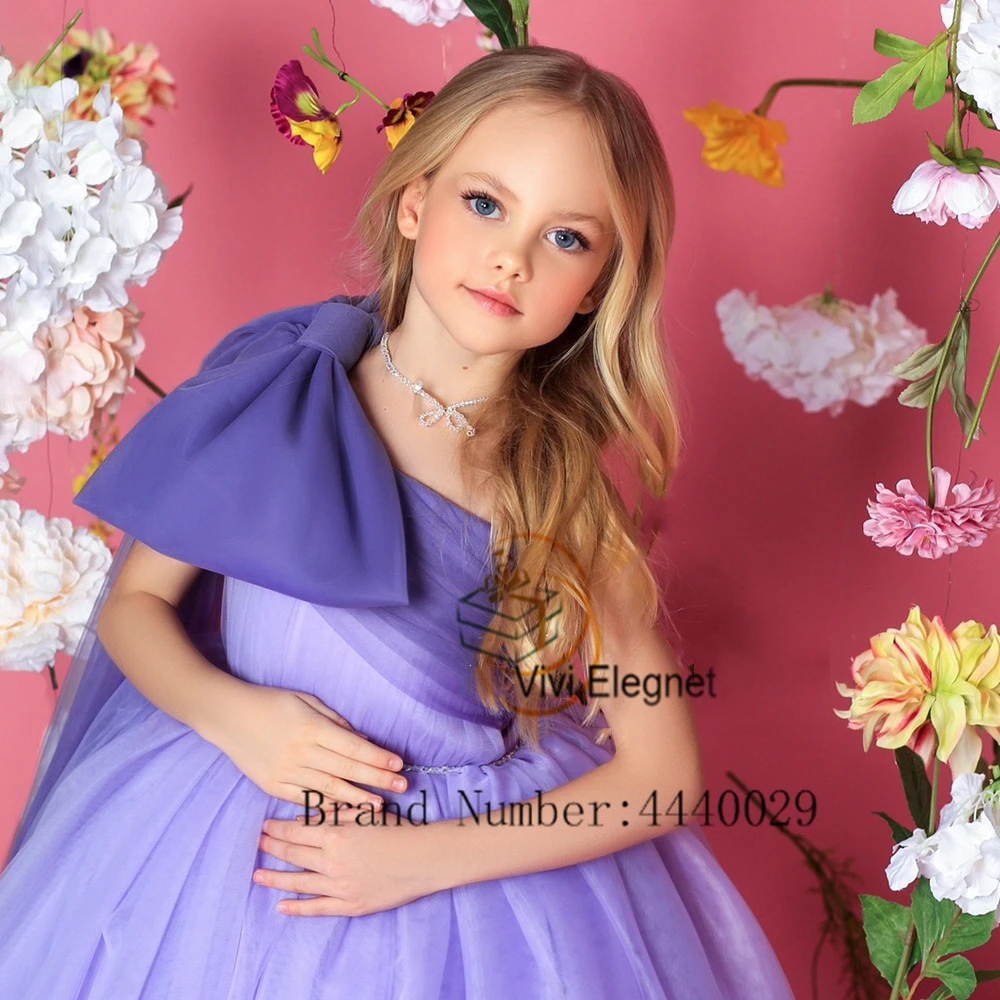 

Sleeveless Laic Purple Flower Girl Dresses with Big Bow 2023 A Line Soft Tulle Wedding Party Gowns Summer New فساتين اطفال للعيد