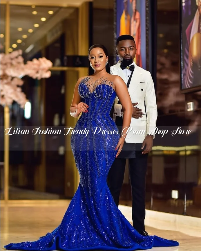 Robe de soirée sirène de luxe bleu Royal Diamante, tenue de reine noire à paillettes, avec traîne détachable, personnalisée, 2025