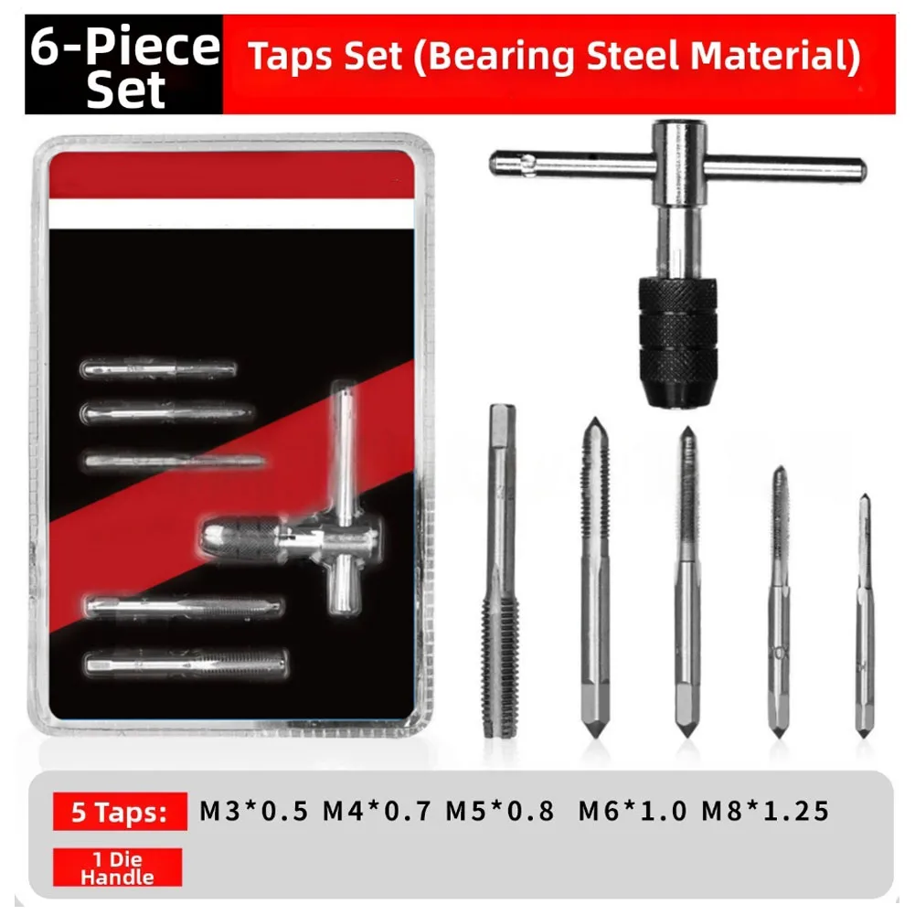 

Набор метрических метчиков для точной резьбы. Гладкое удаление стружки. Тройная обработка тепла. Конструкция Т-образной ручки для внутренней и внешней резьбы.