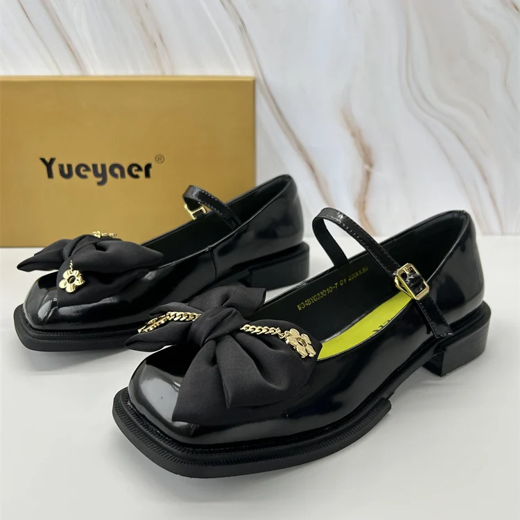 

Bow-Knot Leather Women's Shoes Low Heels Square Toe Female Footwear Elegant Butterfly Genuine Leather Dress Butterfly-knot Mary