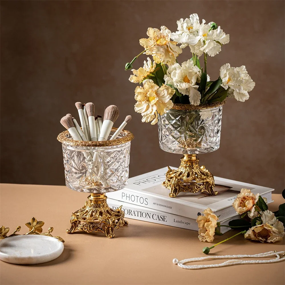 French Entry Luxury Crystal Glass Brass Storage Tube For Living Room High-Foot Small Flower Ornaments Vase Candlestick Storage