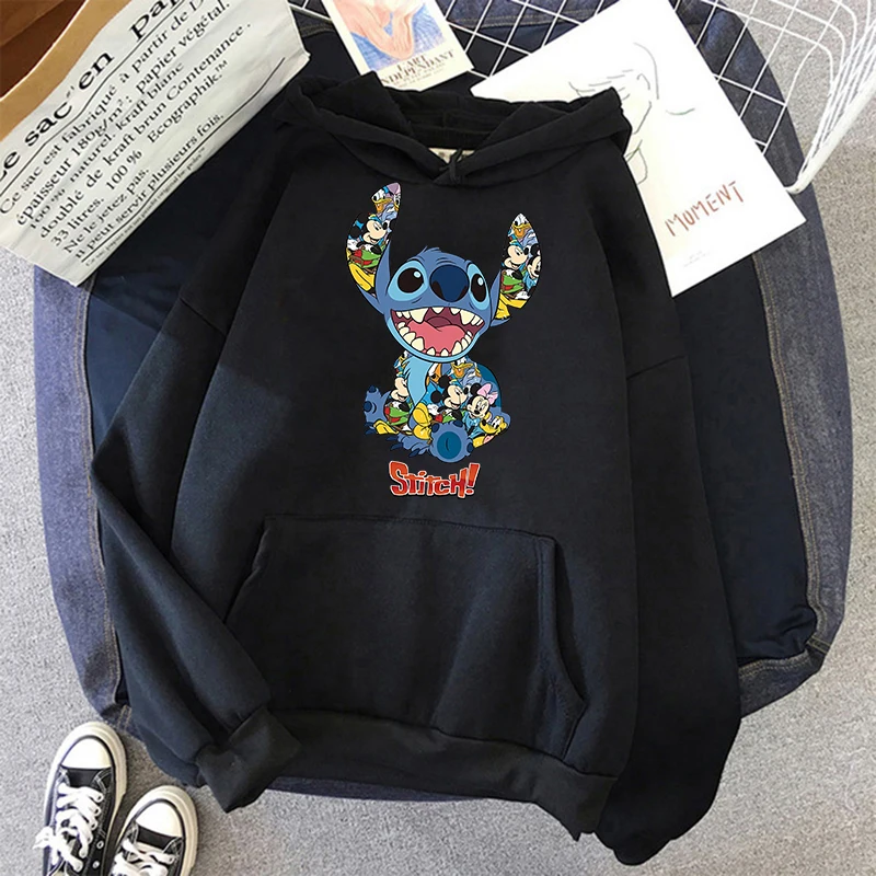 Streetwear Cartoon Winter Disney Stitch Hoodies Women Harajuku Cute Anime Sweatshirt Manga Streetwear Hoody Female Unisex