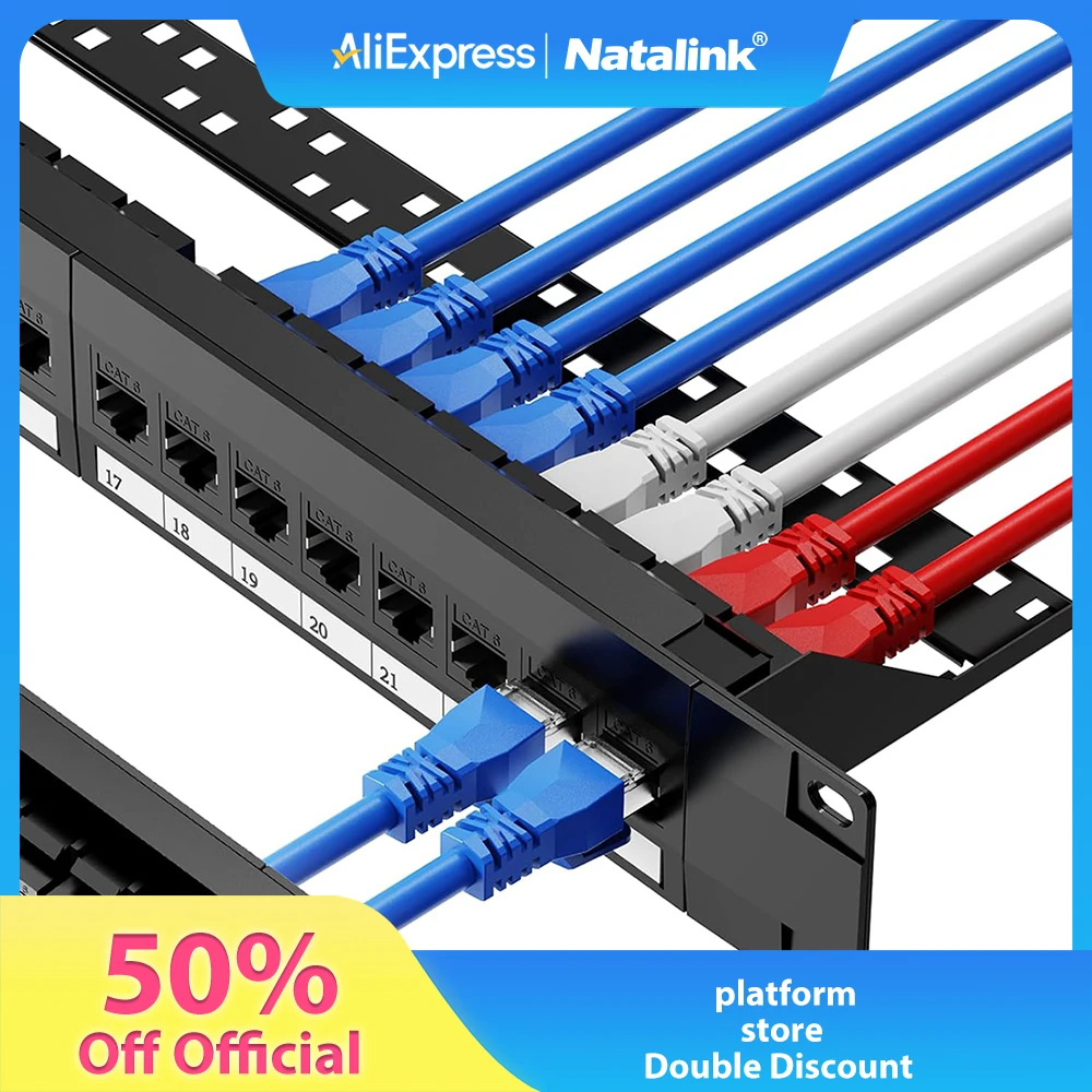 

Natalink Patch Panel 24 Port Cat6 Cat6a Cat7 with Inline Keystone 10G, RJ45 Coupler Patch Panel 19-Inch with Removable Back Bar