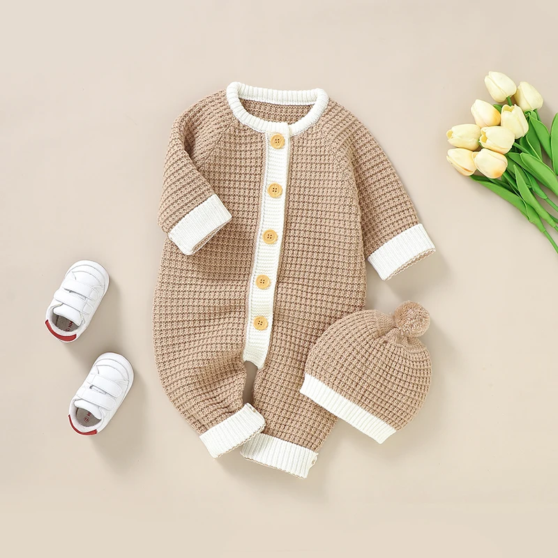 Newborn Baby Romper Knit Solid Infant Boy Girl Jumpsuit Outfits Long Sleeve Autumn Toddler 2PC Clothing Hat 0-18M Solid Overalls