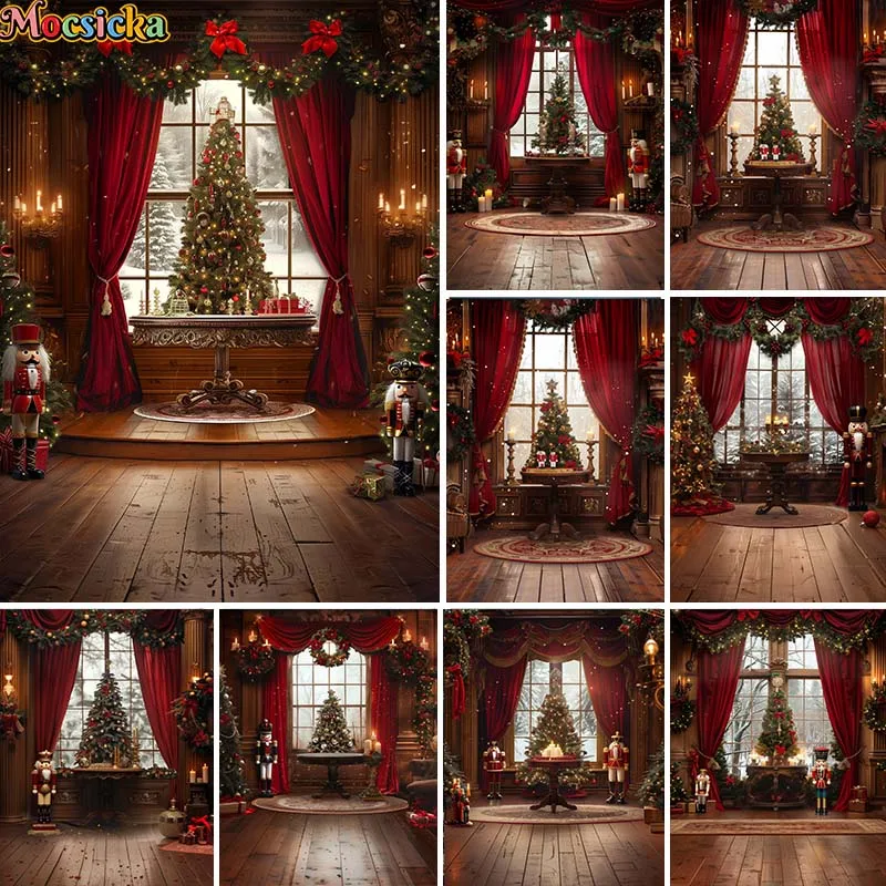 

Mocsicka Christmas Window Backdrop Photography Festival Party Child Family Photo Background Red Curtains Xmas Tree Decor Props