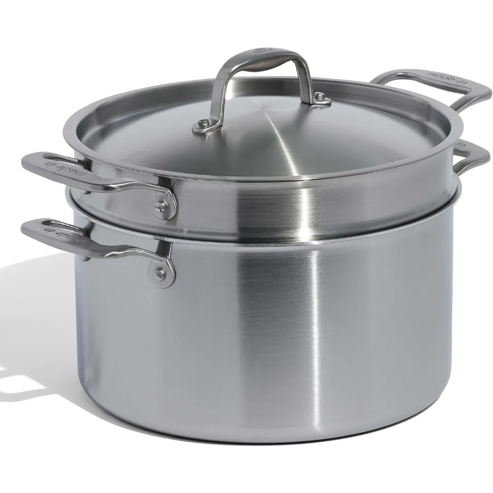 Cookware - 8 Quart Stainless Steel Stock Pot With Lid and Pasta Insert - 5 Ply Stainless Clad - Professional Cookware