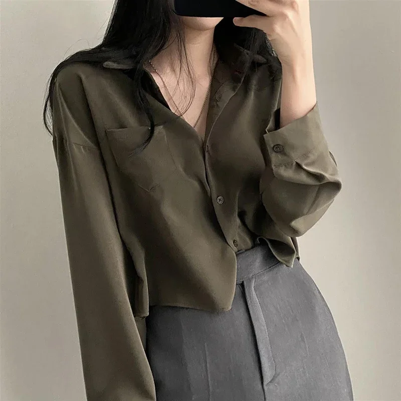 Women Fashion Korean Elegant Shirt Sunscreen Solid Basic Single-Breasted Office Blouse Chic Loose Casual Long Sleeve Cardigan