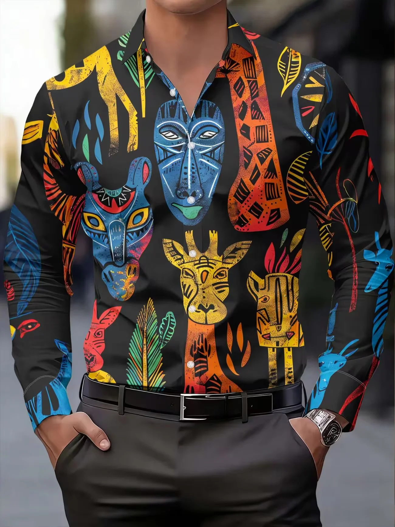 New orange toned leopard print heart contrasting print men's long sleeved shirt trendy casual floral shirt