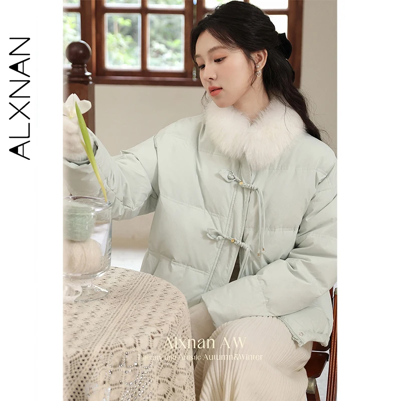 ALXNAN Damen-Winter-Daunenjacke, Bohnengrün, schick, Knopf-Pelzkragen, verdickt, kurze Daunenjacken, 90°, weiße Ente, weiblicher Mantel L51651