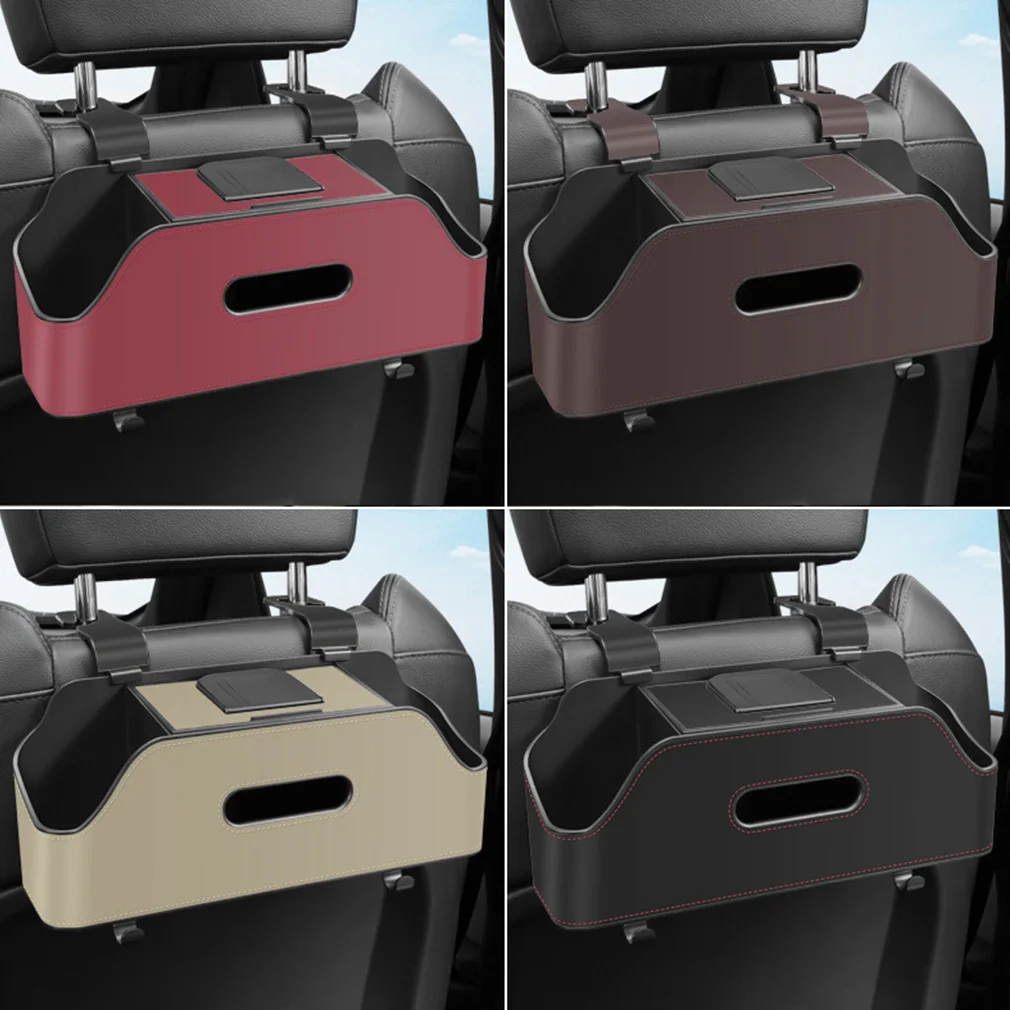

Multi-Functional Car Seat Back Storage Box, Vehicle Hanging Storage Box with Hooks, Cup Holder, Tissue Box,Auto Drink Phone Tray