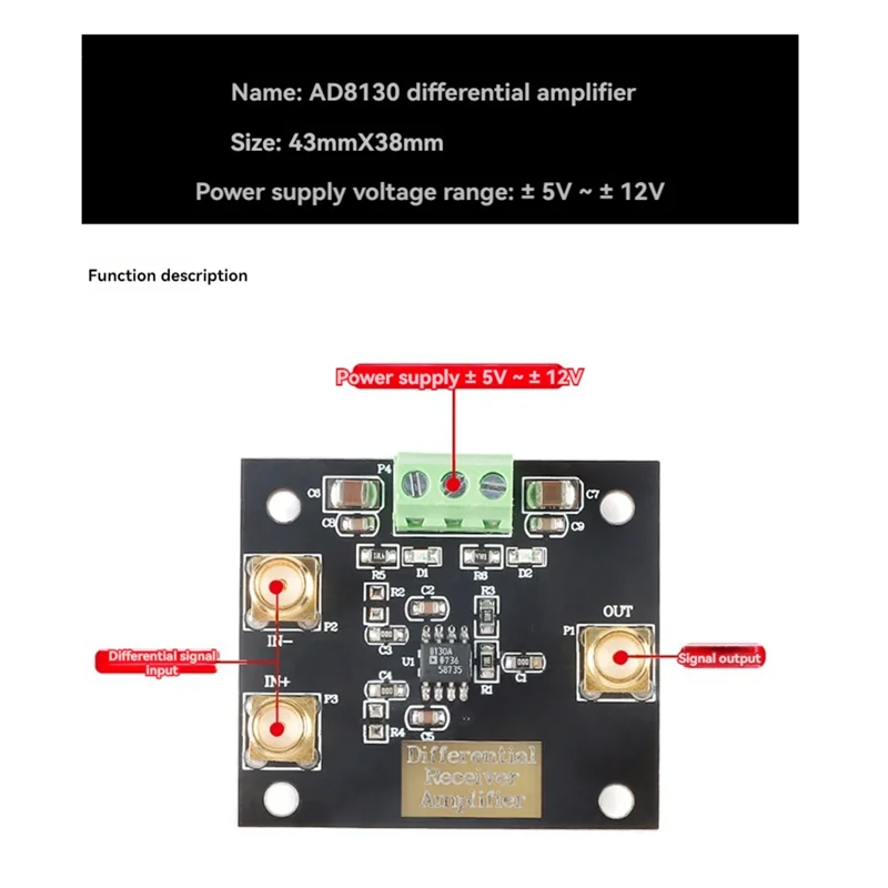 Módulo de placa amplificadora receptor diferencial A34M-AD8130, relación de rechazo de modo común de un solo extremo, placa de distorsión de bajo ruido