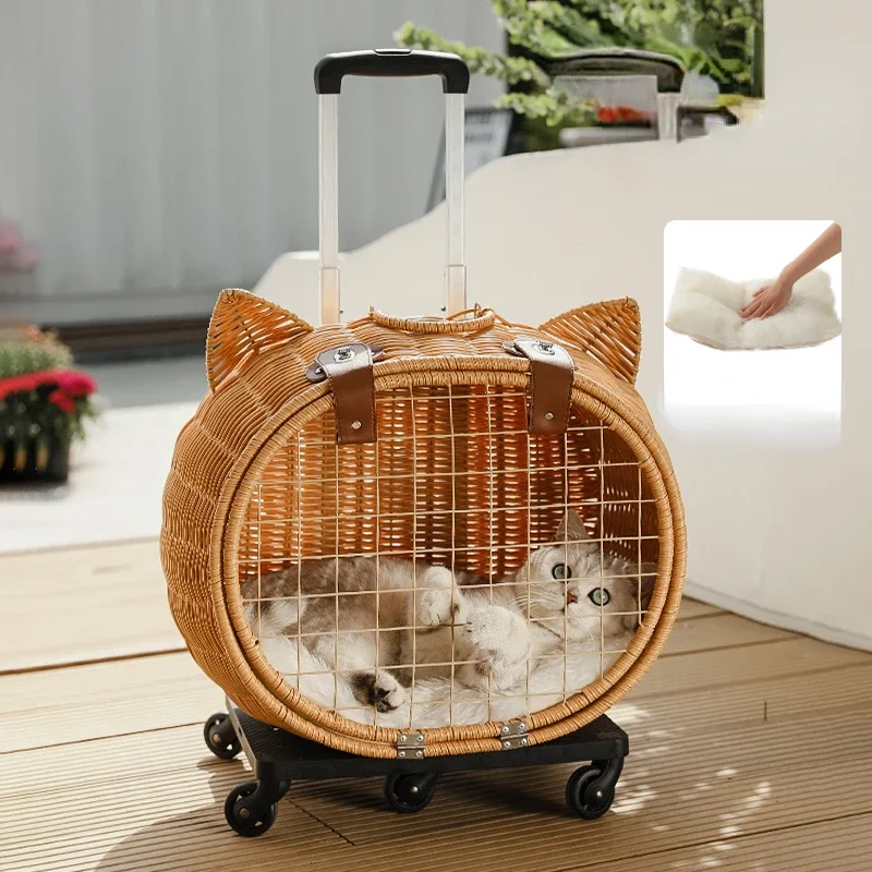 Trolley Case Cat Bags, Outdoor Portable Retro Rattan Woven Stroller for Animal Hollowed Out Breathable Pet Stroller Cat Carrier