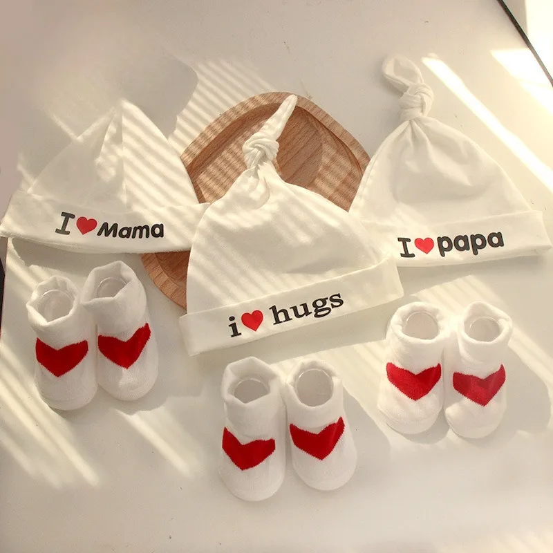 Baby Girl Boy Hat Socks Set I Love Mama Papa Print Knotted Beanie Heart Socks Newborn Gift 2Pcs/Set for Newborn D1080