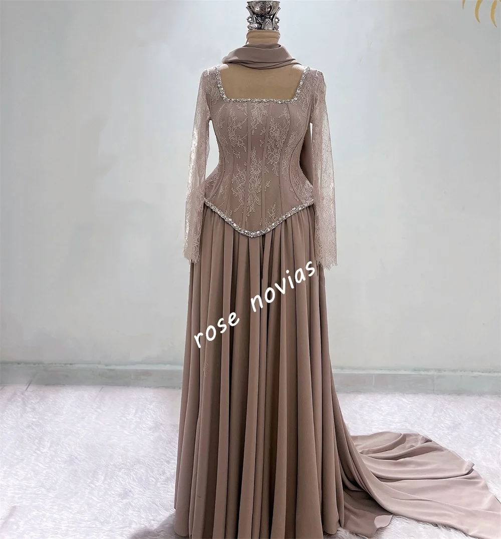 Customized Rhinestone Pleat Lace Square Neck A-line Long Dresses Bespoke Occasion Women's Evening Dress Elegant Party Wedding image 2