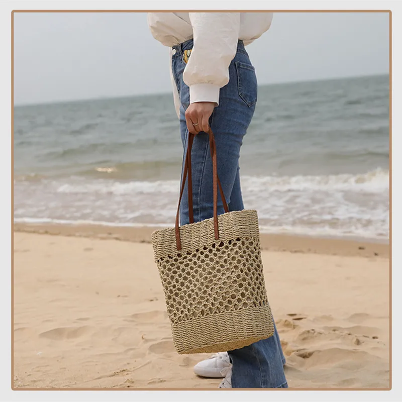 South Korea Contracted Hollow Out Only Straw Bag Ins With Shoulder Hand Woven Bag Female Joker Seaside Holiday Beach Bag