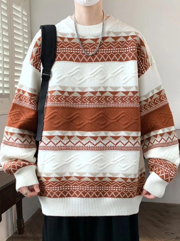 

Модный вязаный свитер с геометрическим узором для мужчин и студентов, повседневный, теплый, эластичный, на зиму