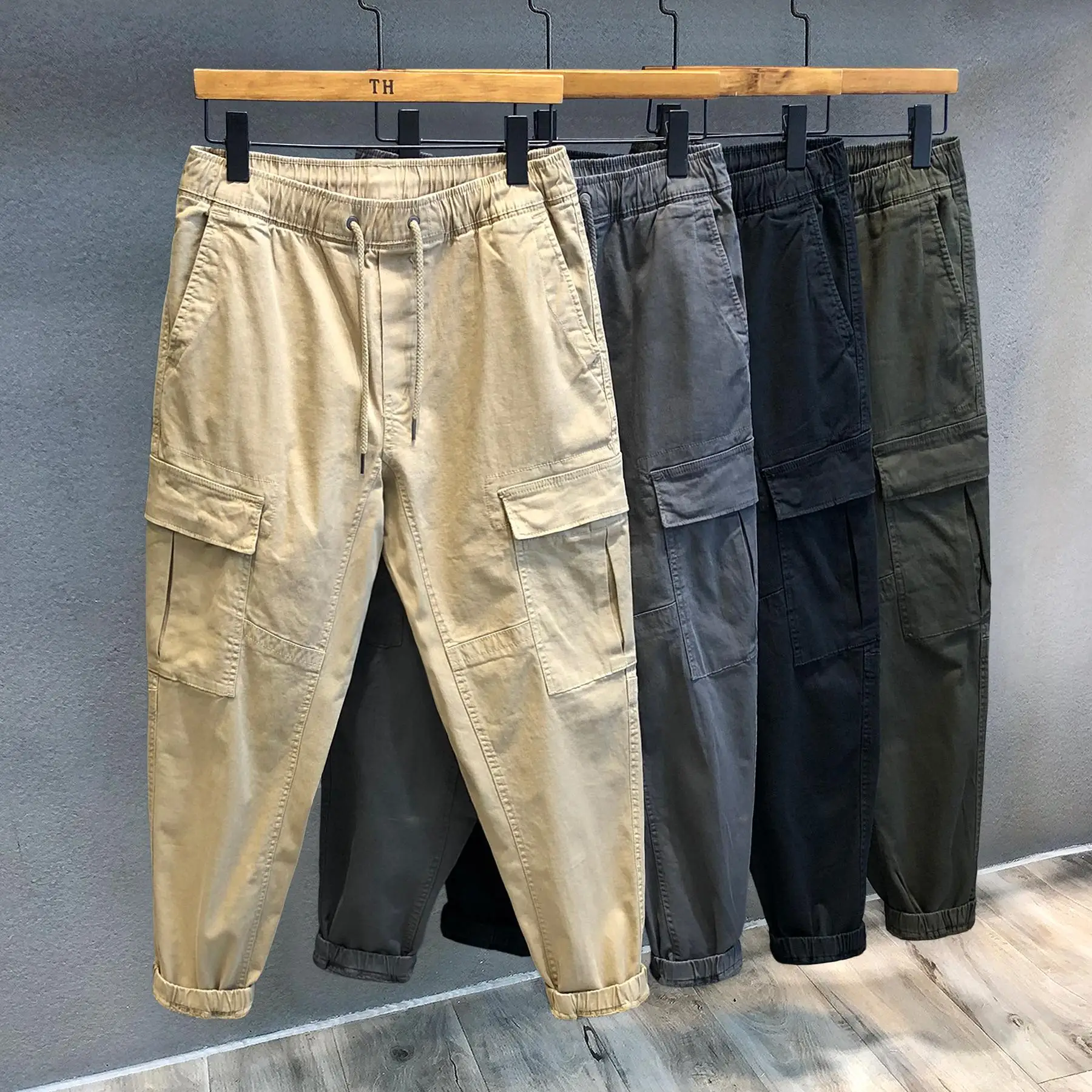 Autumn 2022 Drawstring Japanese Fashion Brand Washed Cotton Workwear Men's Casual Pants Loose Leg Track Boys Cropped Cargo Pants