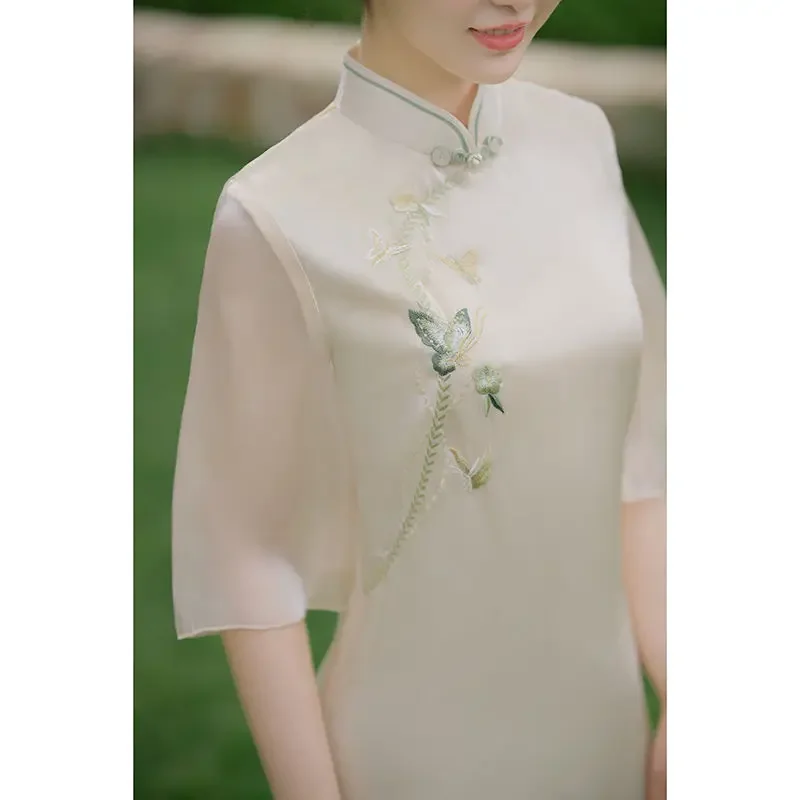 

Китайское платье 2025 года, свободное традиционное платье Чан, комплекты Cheongsam, женское платье Ципао, винтажное шифоновое длинное платье с цветочным принтом