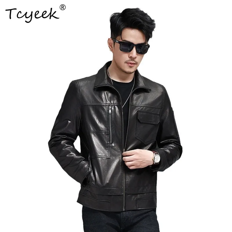 Tcyeek Real Leather Man Jackets Natural Goatskin Motocycle Jacket Autumn Mens Coats Trendy Casual Multi-pocket Casaco Masculino