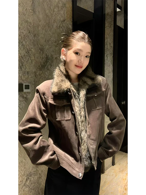 

Retro Brown een Corduroy Jaet Women's ort Sle Detachable Fur Collar Warm Cotton Insert Autumn Winter New Arrival