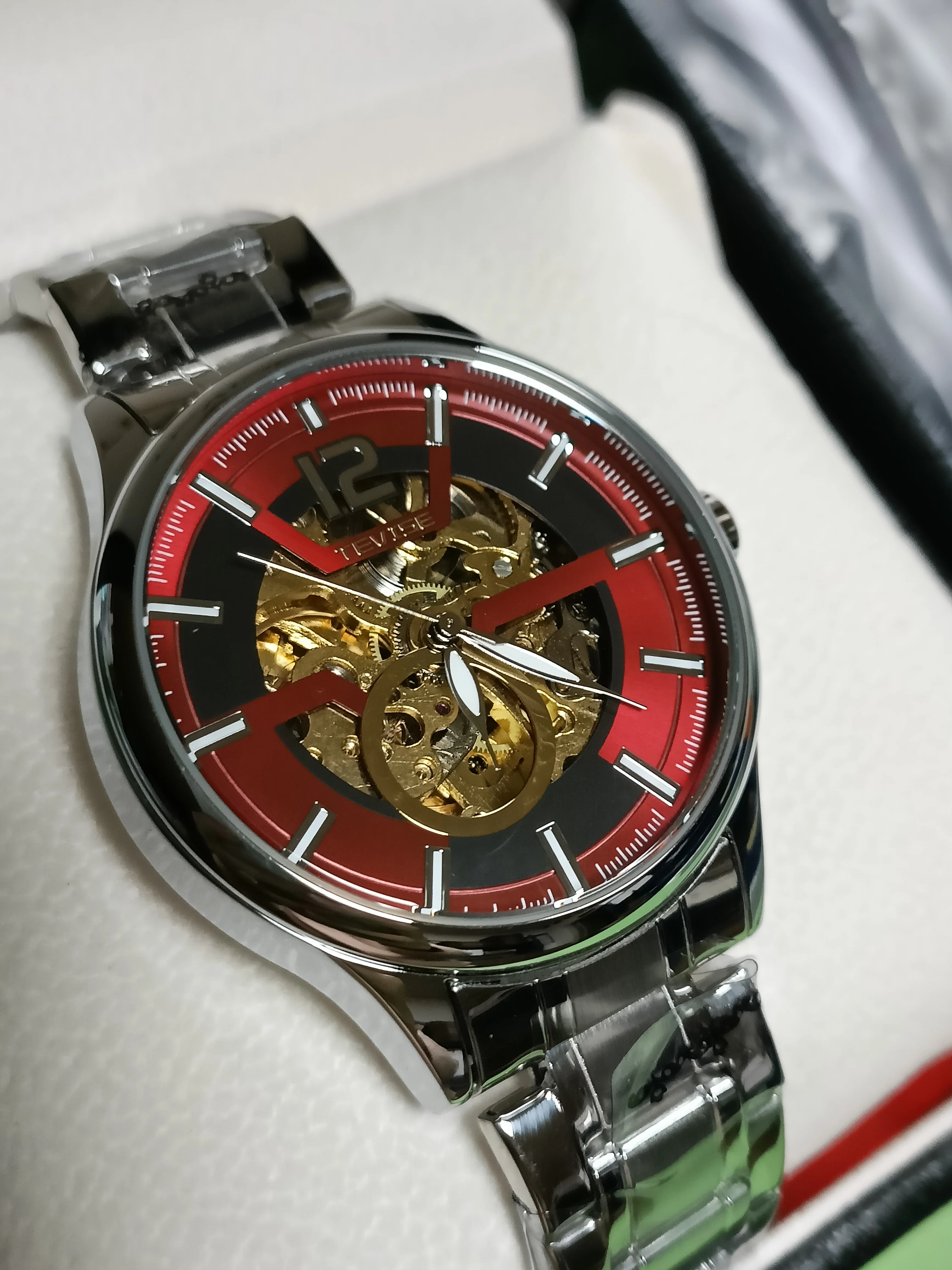 2025 TEVISE ساعة أوتوماتيكية للرجال ساعة يد ميكانيكية مع حزام من الفولاذ المقاوم للصدأ مقاومة للماء هيكل عظمي مضيء هدية