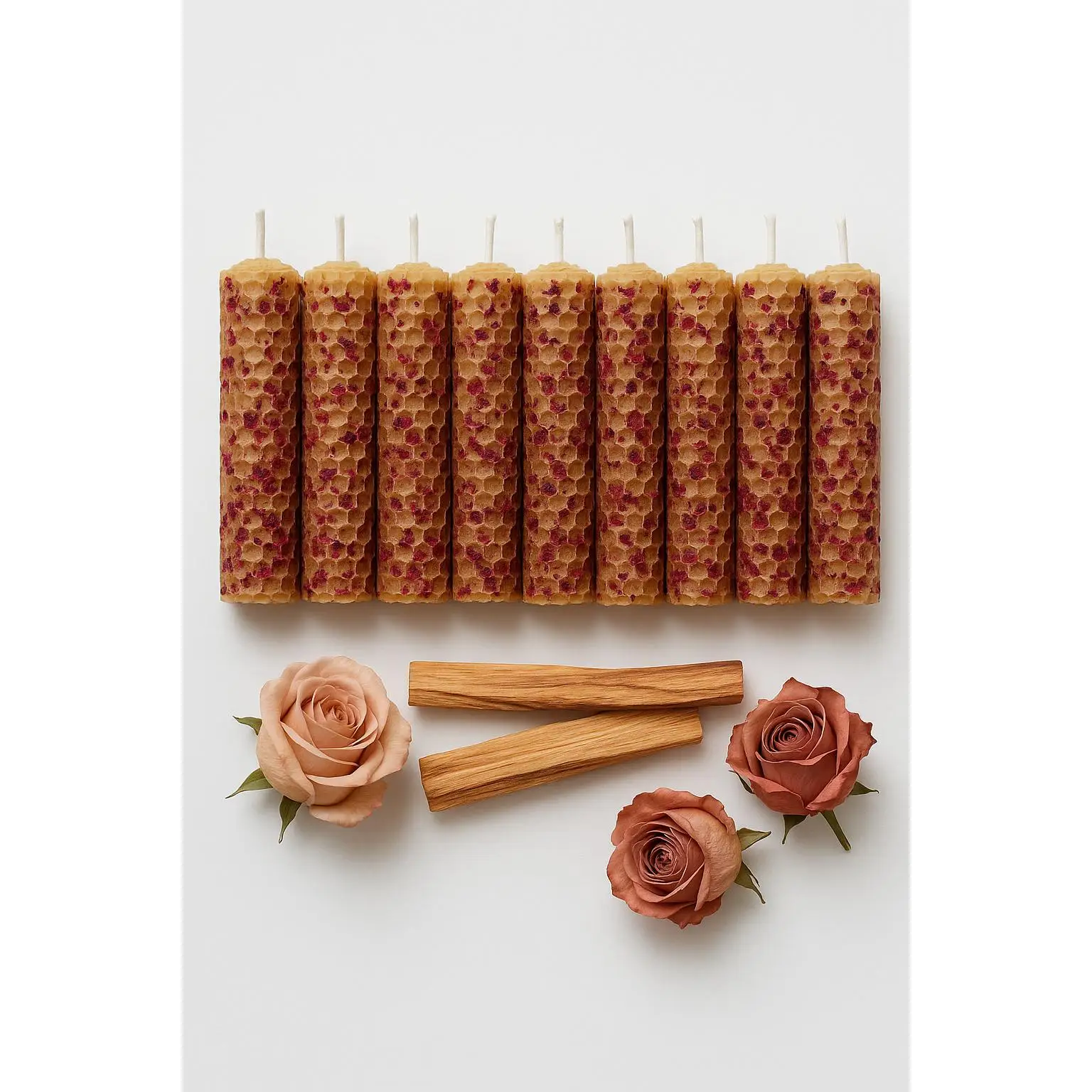 6 Velas de Cera de Abeja con Pétalos de Rosa y Palo Santo XL - YA-DECOREGALOS, Ideal para Relajación y Espiritualidad
