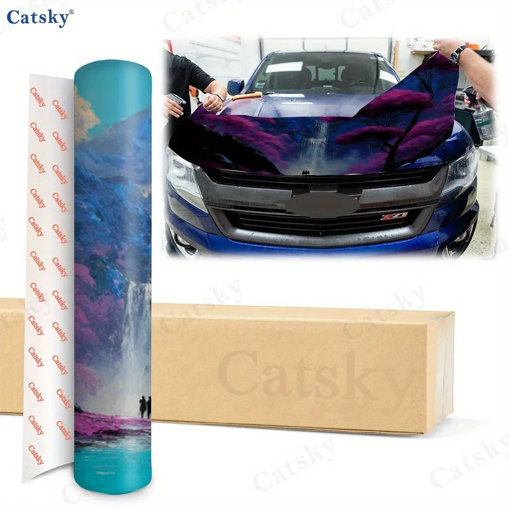 Aesthetic Pink - Purple Secret - Land Car Hood Sticker, Waterfall & Flower - Tree Romantic Body Decoration Sticker, waterproof s view 5