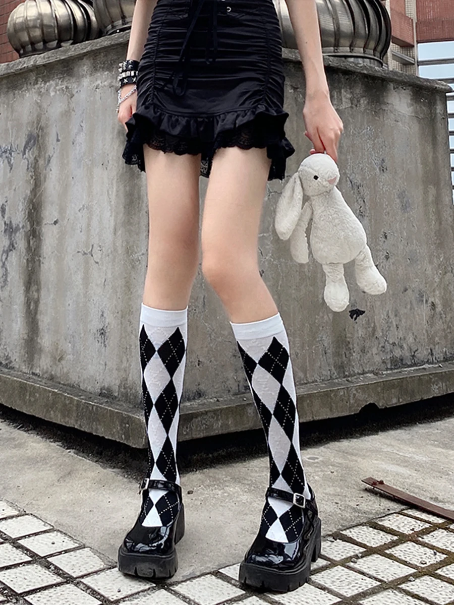 Tube Socks Women's Cotton Rhombus Geometric Pattern Stitching Leg Shaping Simple Calf Socks Spring and Summer Thin Long Fashion