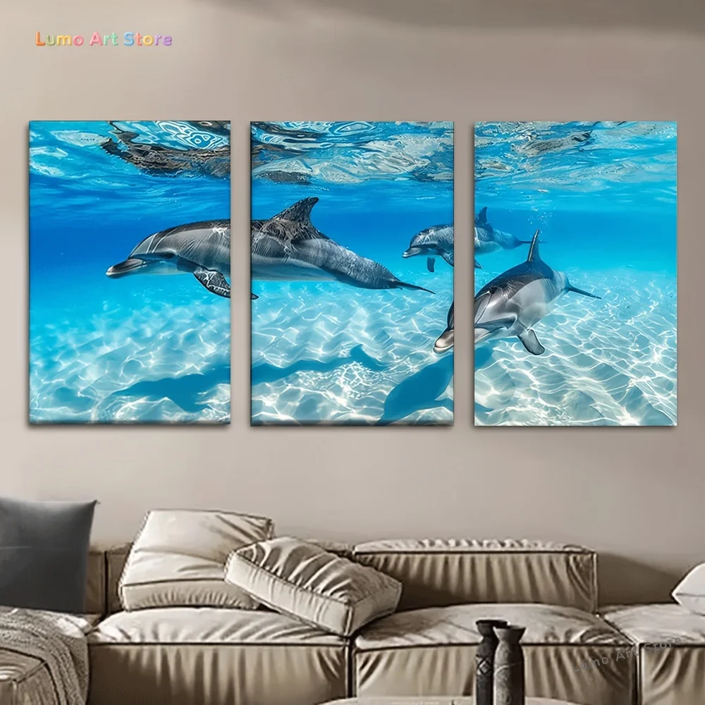 3pcs/set, Canvas painting--Unframed, 76.2x50.8cm, Fascinating dolphin family in the ocean, Wall decoration, bedroom, living r